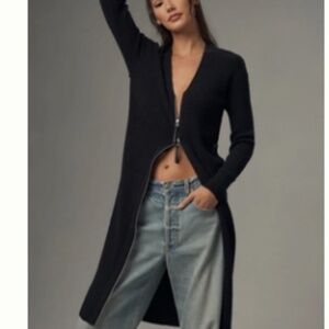 PILCRO FAUX LEATHER-TRIMMED DUSTER CARDIGAN SWEATER